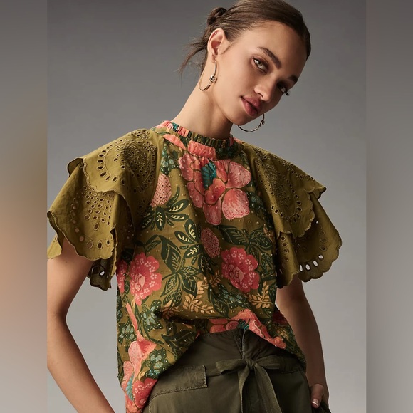Farm Rio Floral Olive Green Eyelet Sleeve Top size M - Picture 1 of 6